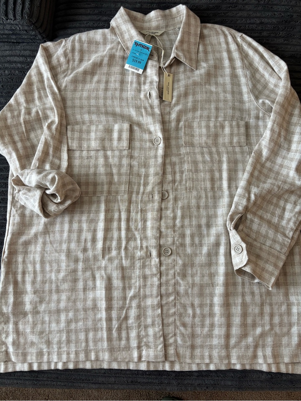 Max Studio Beige Plaid Button-Down Shirt